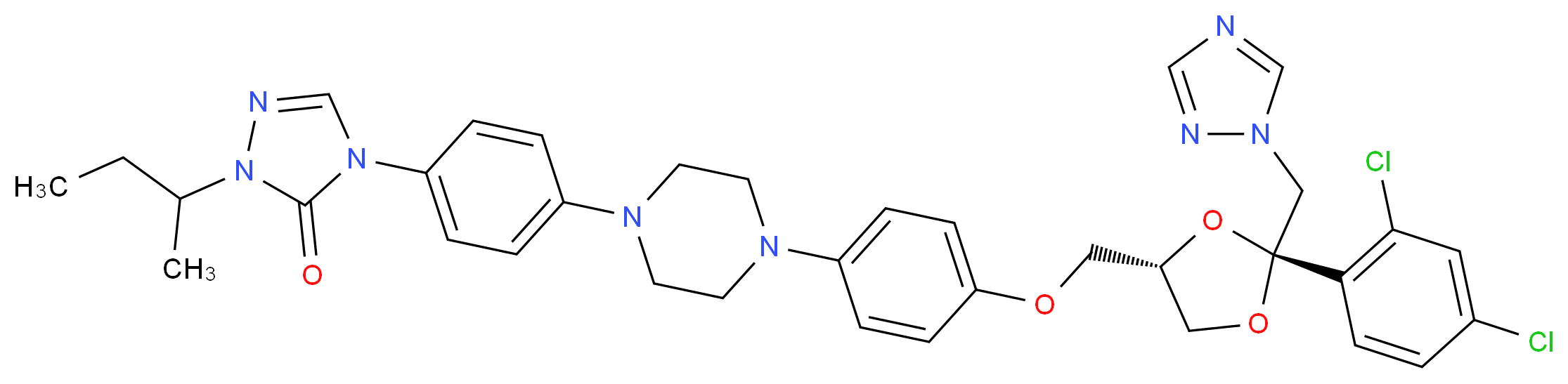 1-(butan-2-yl)-4-{4-[4-(4-{[(2R,4S)-2-(2,4-dichlorophenyl)-2-(1H-1,2,4-triazol-1-ylmethyl)-1,3-dioxolan-4-yl]methoxy}phenyl)piperazin-1-yl]phenyl}-4,5-dihydro-1H-1,2,4-triazol-5-one_分子结构_CAS_84625-61-6