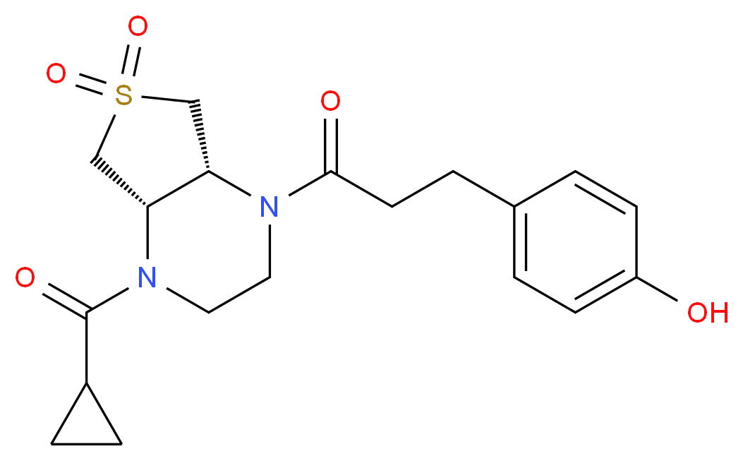 4-{3-[(4aS*,7aR*)-4-(cyclopropylcarbonyl)-6,6-dioxidohexahydrothieno[3,4-b]pyrazin-1(2H)-yl]-3-oxopropyl}phenol_分子结构_CAS_)