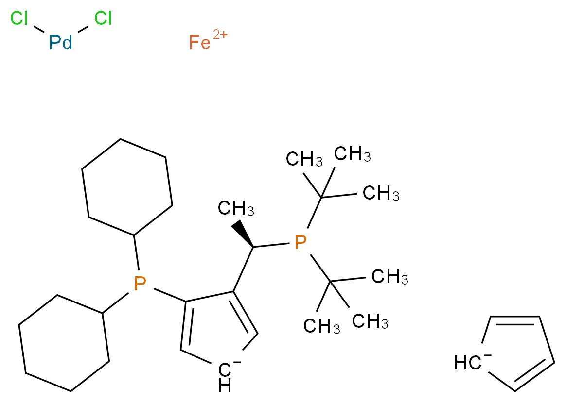 λ<sup>2</sup>-iron(2+) ion 3-[(1R)-1-(di-tert-butylphosphanyl)ethyl]-4-(dicyclohexylphosphanyl)cyclopenta-2,4-dien-1-ide cyclopenta-2,4-dien-1-ide dichloropalladium_分子结构_CAS_854019-82-2