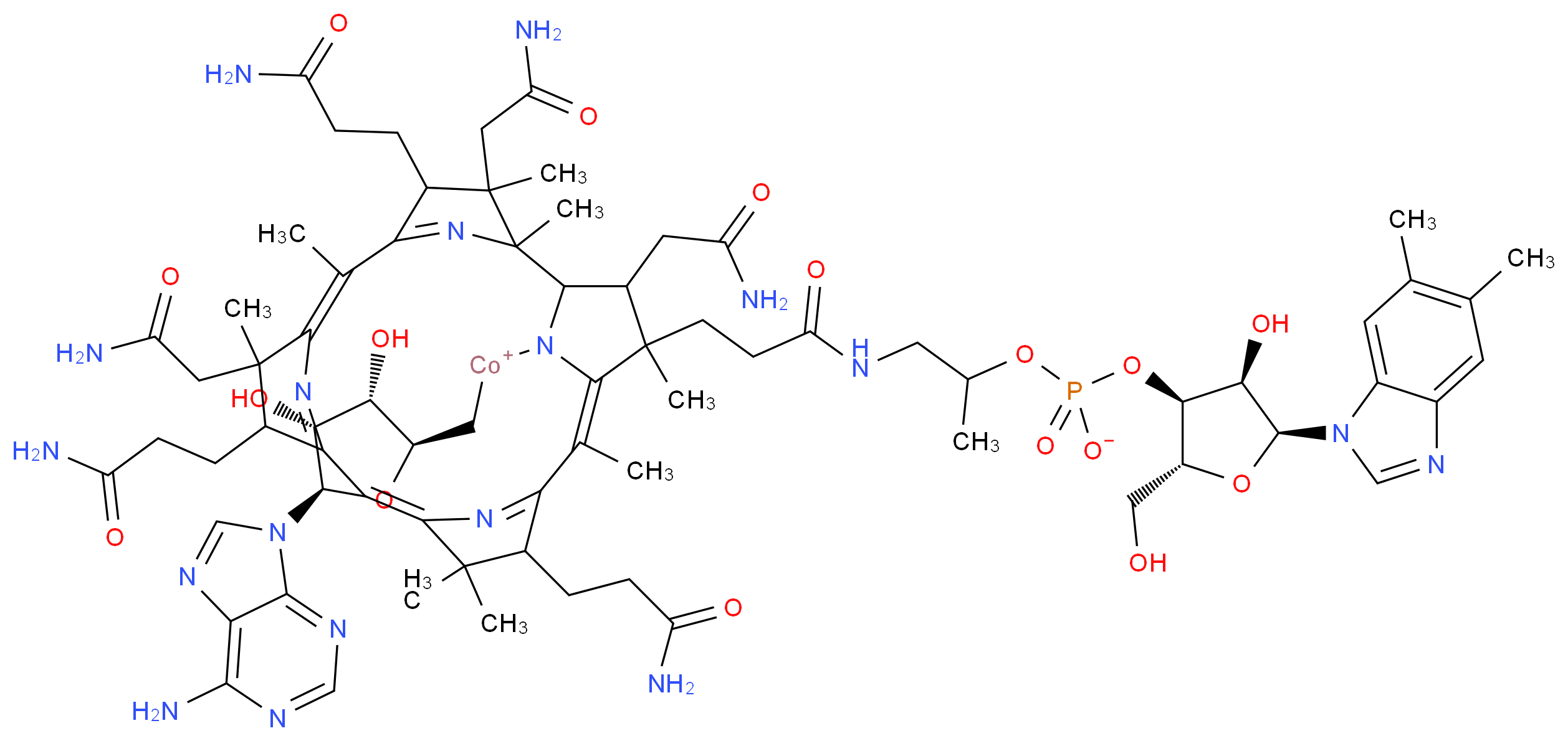 {[(2S,3S,4R,5R)-5-(6-amino-9H-purin-9-yl)-3,4-dihydroxyoxolan-2-yl]methyl}[(6Z,11Z,16Z)-4,9,14-tris(2-carbamoylethyl)-3,8,19-tris(carbamoylmethyl)-18-{2-[(2-{[(2R,3S,4R,5S)-5-(5,6-dimethyl-1H-1,3-benzodiazol-1-yl)-4-hydroxy-2-(hydroxymethyl)oxolan-3-yl phosphonato]oxy}propyl)carbamoyl]ethyl}-2,3,6,8,13,13,16,18-octamethyl-20,21,22,23-tetraazapentacyclo[15.2.1.1<sup>2</sup>,<sup>5</sup>.1<sup>7</sup>,<sup>1</sup><sup>0</sup>.1<sup>1</sup><sup>2</sup>,<sup>1</sup><sup>5</sup>]tricosa-5(23),6,10(22),11,15(21),16-hexaen-20-yl]cobaltylium_分子结构_CAS_13870-90-1