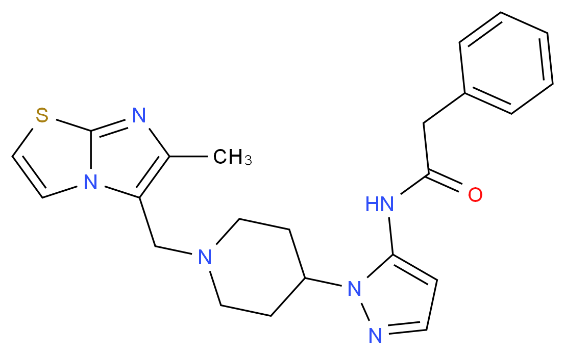 N-(1-{1-[(6-methylimidazo[2,1-b][1,3]thiazol-5-yl)methyl]-4-piperidinyl}-1H-pyrazol-5-yl)-2-phenylacetamide_分子结构_CAS_)