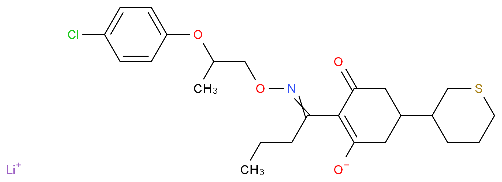 lithium(1+) ion 2-(1-{[2-(4-chlorophenoxy)propoxy]imino}butyl)-3-oxo-5-(thian-3-yl)cyclohex-1-en-1-olate_分子结构_CAS_281664-76-4