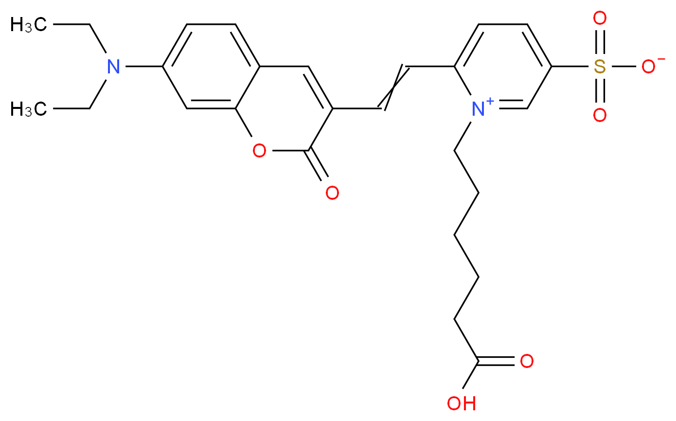 1-(5-carboxypentyl)-6-{2-[7-(diethylamino)-2-oxo-2H-chromen-3-yl]ethenyl}pyridin-1-ium-3-sulfonate_分子结构_CAS_540528-00-5