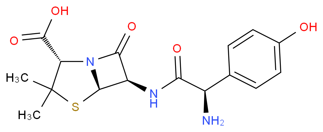 (2S,5R,6R)-6-[(2R)-2-amino-2-(4-hydroxyphenyl)acetamido]-3,3-dimethyl-7-oxo-4-thia-1-azabicyclo[3.2.0]heptane-2-carboxylic acid_分子结构_CAS_26787-78-0