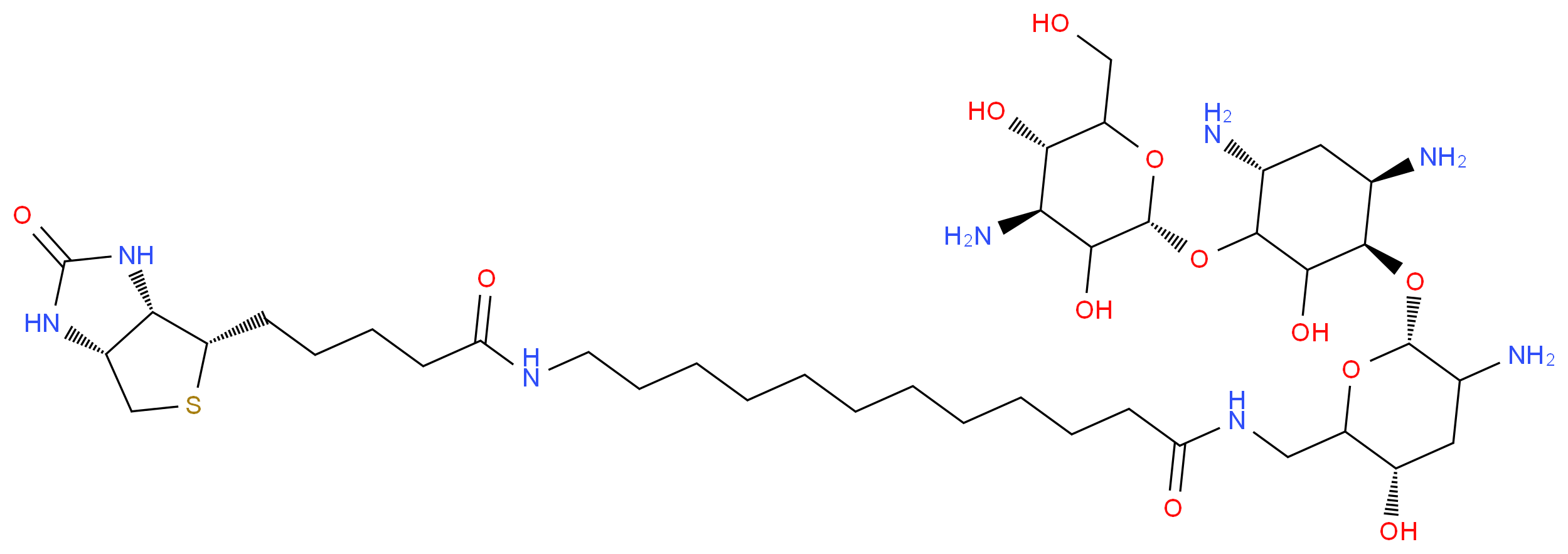 12-{5-[(3aS,4S,6aR)-2-oxo-hexahydro-1H-thieno[3,4-d]imidazolidin-4-yl]pentanamido}-N-{[(3S,6R)-5-amino-6-{[(1R,4R,6R)-4,6-diamino-3-{[(2S,4S,5S)-4-amino-3,5-dihydroxy-6-(hydroxymethyl)oxan-2-yl]oxy}-2-hydroxycyclohexyl]oxy}-3-hydroxyoxan-2-yl]methyl}dodecanamide_分子结构_CAS_419573-20-9