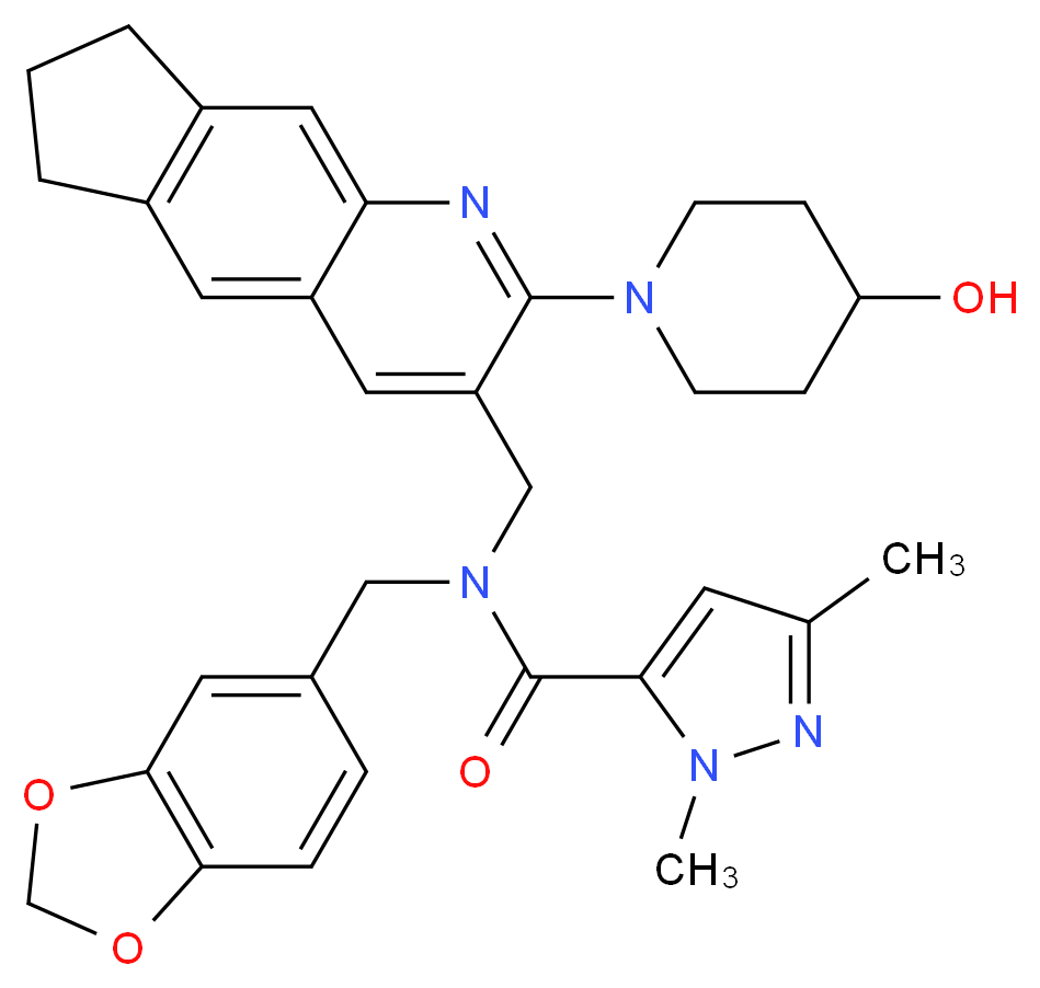 N-(1,3-benzodioxol-5-ylmethyl)-N-{[2-(4-hydroxy-1-piperidinyl)-7,8-dihydro-6H-cyclopenta[g]quinolin-3-yl]methyl}-1,3-dimethyl-1H-pyrazole-5-carboxamide_分子结构_CAS_)