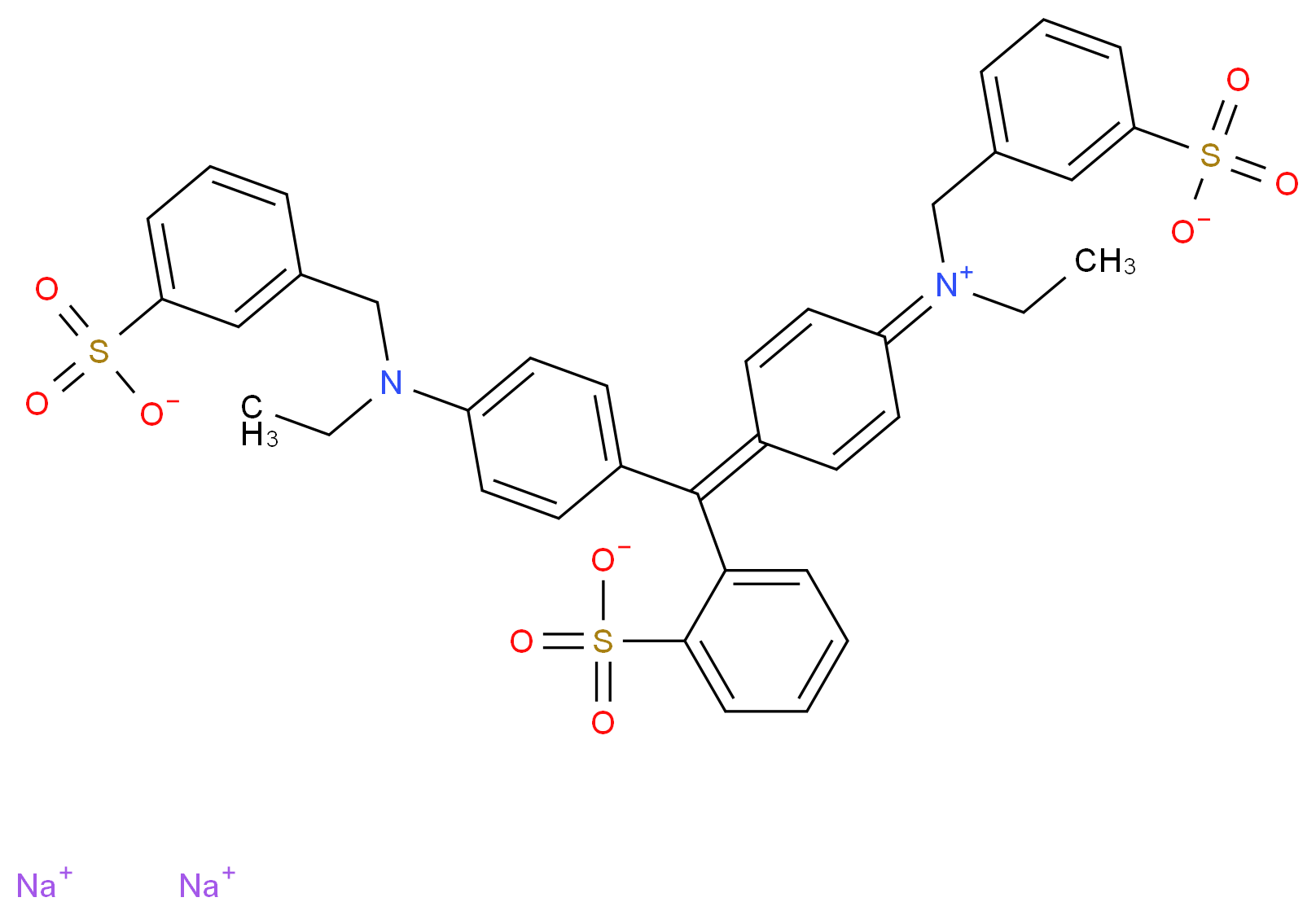 disodium 2-[(4-{ethyl[(3-sulfonatophenyl)methyl]amino}phenyl)(4-{ethyl[(3-sulfonatophenyl)methyl]iminiumyl}cyclohexa-2,5-dien-1-ylidene)methyl]benzene-1-sulfonate_分子结构_CAS_3844-45-9