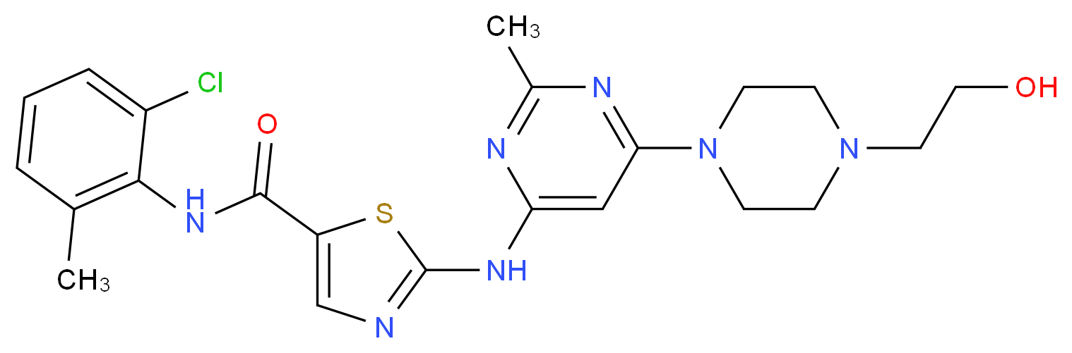 N-(2-chloro-6-methylphenyl)-2-({6-[4-(2-hydroxyethyl)piperazin-1-yl]-2-methylpyrimidin-4-yl}amino)-1,3-thiazole-5-carboxamide_分子结构_CAS_302962-49-8