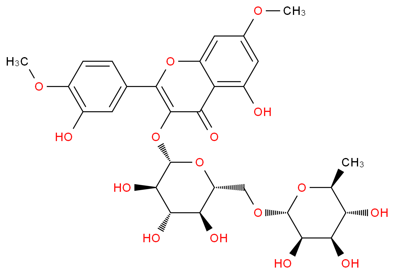 5-hydroxy-2-(3-hydroxy-4-methoxyphenyl)-7-methoxy-3-{[(2S,3R,4S,5S,6R)-3,4,5-trihydroxy-6-({[(2R,3R,4R,5R,6S)-3,4,5-trihydroxy-6-methyloxan-2-yl]oxy}methyl)oxan-2-yl]oxy}-4H-chromen-4-one_分子结构_CAS_20188-85-6