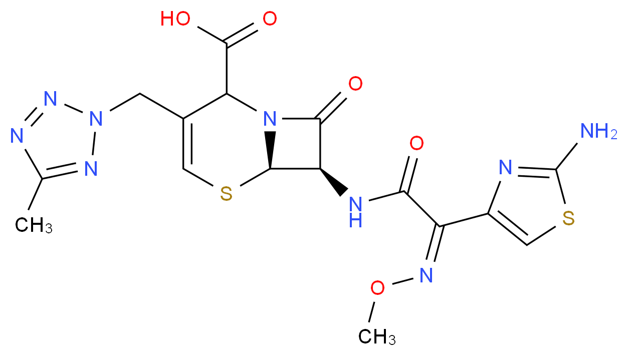 (6R,7R)-7-[(2Z)-2-(2-amino-1,3-thiazol-4-yl)-2-(methoxyimino)acetamido]-3-[(5-methyl-2H-1,2,3,4-tetrazol-2-yl)methyl]-8-oxo-5-thia-1-azabicyclo[4.2.0]oct-3-ene-2-carboxylic acid_分子结构_CAS_104691-34-1