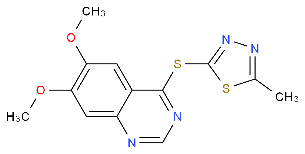 6,7-dimethoxy-4-[(5-methyl-1,3,4-thiadiazol-2-yl)sulfanyl]quinazoline_分子结构_CAS_1225451-84-2