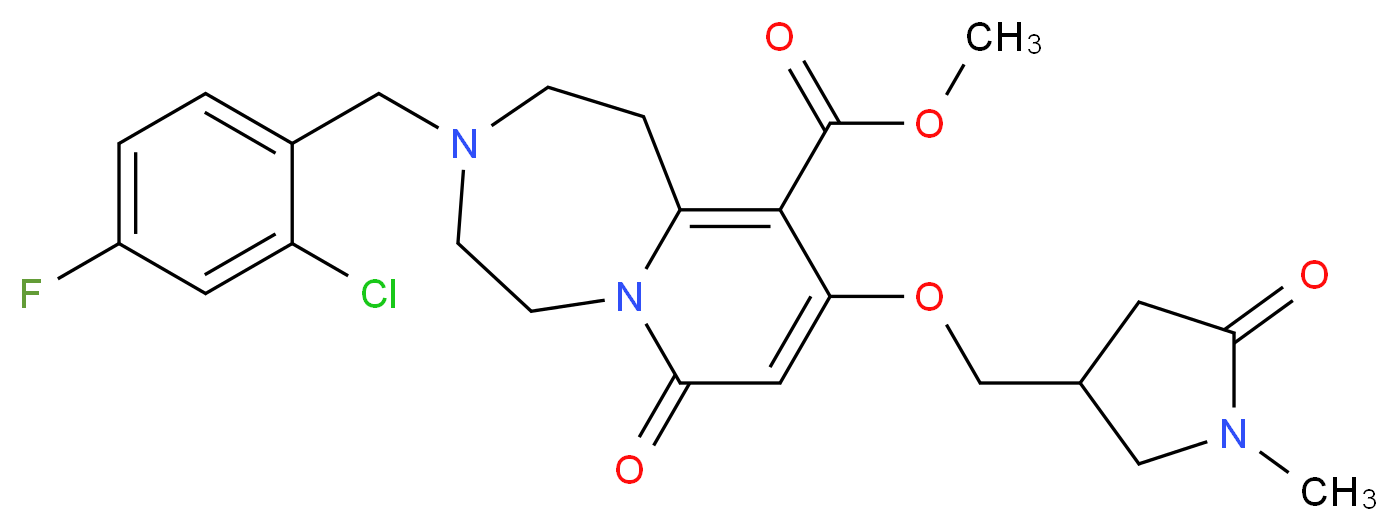 methyl 3-(2-chloro-4-fluorobenzyl)-9-[(1-methyl-5-oxo-3-pyrrolidinyl)methoxy]-7-oxo-1,2,3,4,5,7-hexahydropyrido[1,2-d][1,4]diazepine-10-carboxylate_分子结构_CAS_)