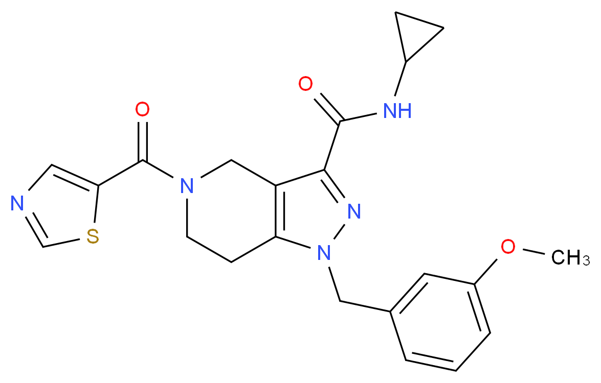 N-cyclopropyl-1-(3-methoxybenzyl)-5-(1,3-thiazol-5-ylcarbonyl)-4,5,6,7-tetrahydro-1H-pyrazolo[4,3-c]pyridine-3-carboxamide_分子结构_CAS_)