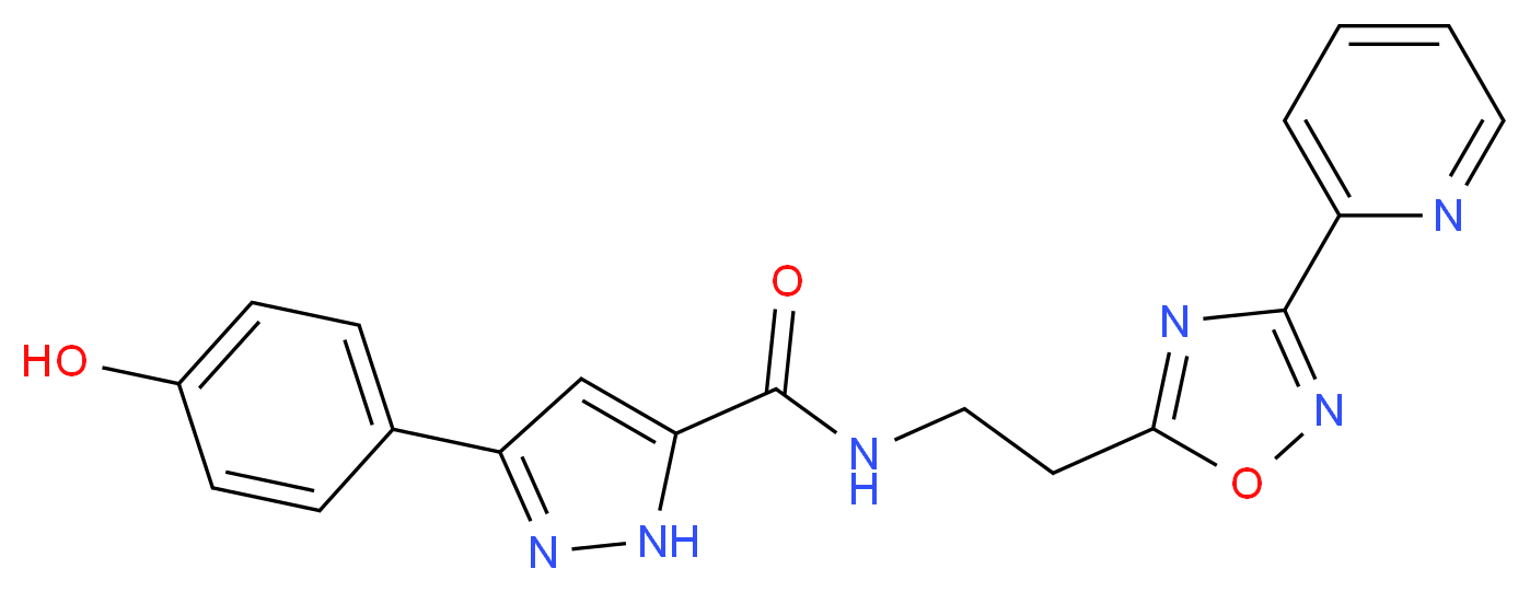 3-(4-hydroxyphenyl)-N-{2-[3-(2-pyridinyl)-1,2,4-oxadiazol-5-yl]ethyl}-1H-pyrazole-5-carboxamide_分子结构_CAS_)