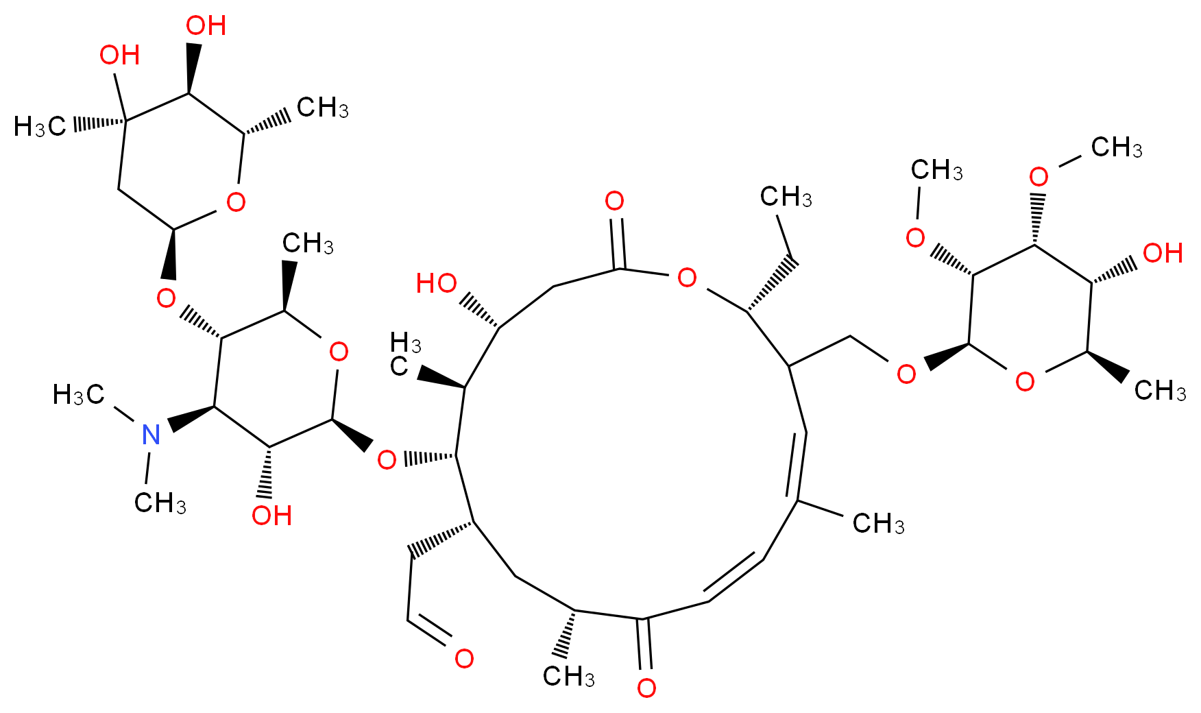 2-[(4R,5S,6S,7R,9R,11E,13E,16R)-6-{[(2R,3R,4R,5S,6R)-5-{[(2S,4R,5S,6S)-4,5-dihydroxy-4,6-dimethyloxan-2-yl]oxy}-4-(dimethylamino)-3-hydroxy-6-methyloxan-2-yl]oxy}-16-ethyl-4-hydroxy-15-({[(2R,3R,4R,5R,6R)-5-hydroxy-3,4-dimethoxy-6-methyloxan-2-yl]oxy}methyl)-5,9,13-trimethyl-2,10-dioxo-1-oxacyclohexadeca-11,13-dien-7-yl]acetaldehyde_分子结构_CAS_1401-69-0