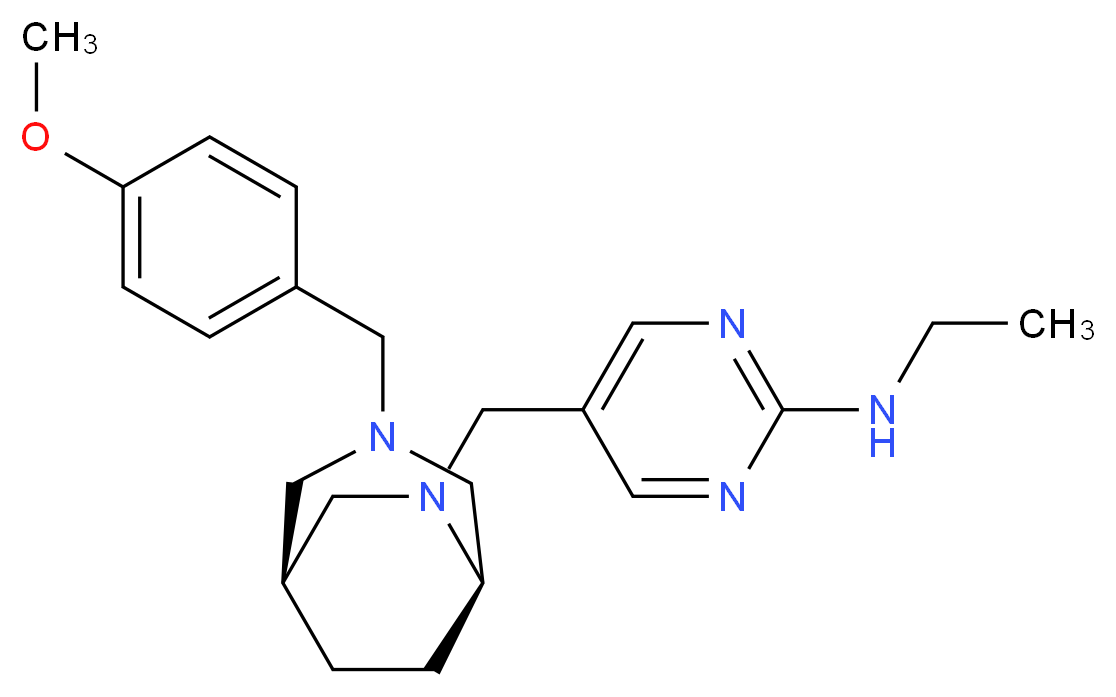 N-ethyl-5-{[(1S*,5R*)-3-(4-methoxybenzyl)-3,6-diazabicyclo[3.2.2]non-6-yl]methyl}pyrimidin-2-amine_分子结构_CAS_)