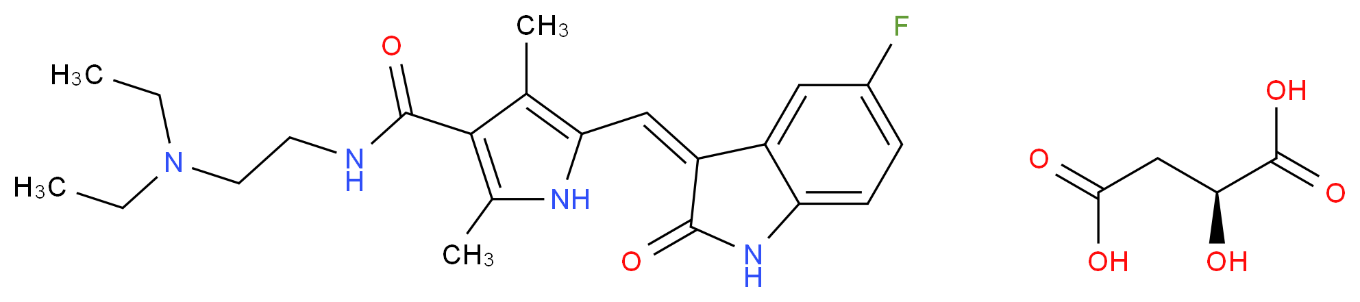 (2S)-2-hydroxybutanedioic acid; N-[2-(diethylamino)ethyl]-5-{[(3Z)-5-fluoro-2-oxo-2,3-dihydro-1H-indol-3-ylidene]methyl}-2,4-dimethyl-1H-pyrrole-3-carboxamide_分子结构_CAS_341031-54-7