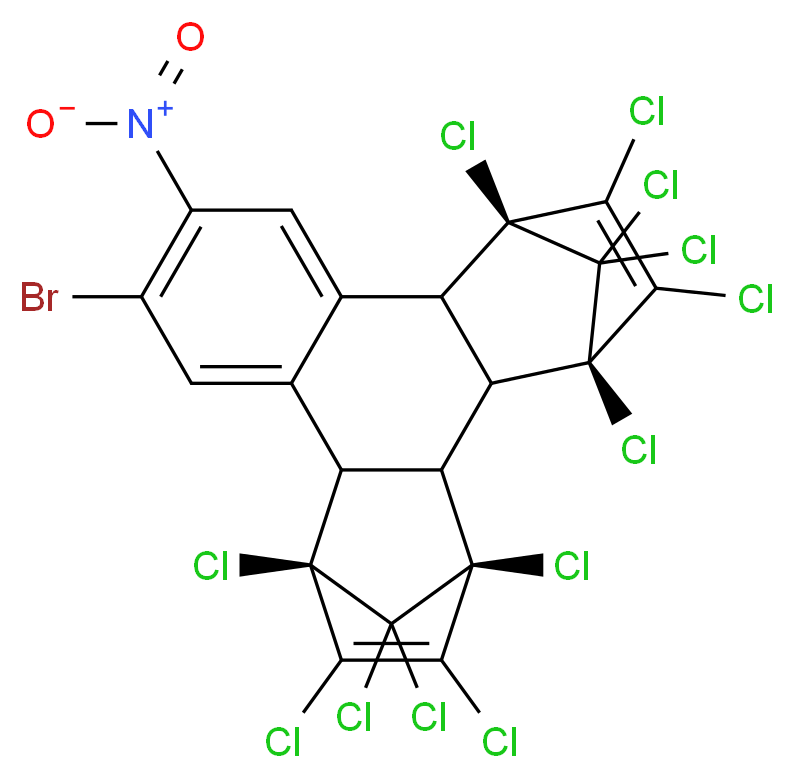 (1R,4S,7R,16S)-11-bromo-1,4,5,6,7,16,17,18,19,19,20,20-dodecachloro-12-nitrohexacyclo[14.2.1.1<sup>4</sup>,<sup>7</sup>.0<sup>2</sup>,<sup>1</sup><sup>5</sup>.0<sup>3</sup>,<sup>8</sup>.0<sup>9</sup>,<sup>1</sup><sup>4</sup>]icosa-5,9,11,13,17-pentaene_分子结构_CAS_84605-00-5