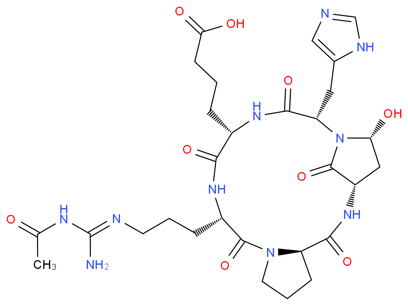 4-[(1S,4R,10S,13S,16S,18R)-10-{3-[(E)-[amino(acetamido)methylidene]amino]propyl}-18-hydroxy-16-(1H-imidazol-5-ylmethyl)-3,9,12,15,20-pentaoxo-2,8,11,14,17-pentaazatricyclo[15.2.1.0^{4,8}]icosan-13-yl]butanoic acid_分子结构_CAS_289665-92-5