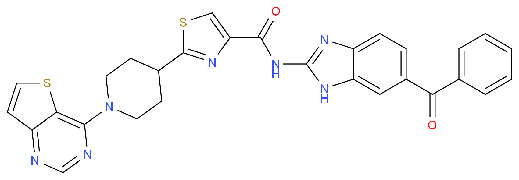 N-(6-benzoyl-1H-1,3-benzodiazol-2-yl)-2-(1-{thieno[3,2-d]pyrimidin-4-yl}piperidin-4-yl)-1,3-thiazole-4-carboxamide_分子结构_CAS_913822-46-5