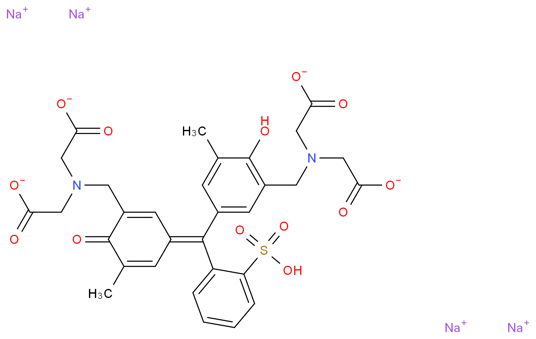 tetrasodium 2-{[(5-{[(1E)-3-{[bis(carboxylatomethyl)amino]methyl}-5-methyl-4-oxocyclohexa-2,5-dien-1-ylidene](2-sulfophenyl)methyl}-2-hydroxy-3-methylphenyl)methyl](carboxylatomethyl)amino}acetate_分子结构_CAS_3618-43-7