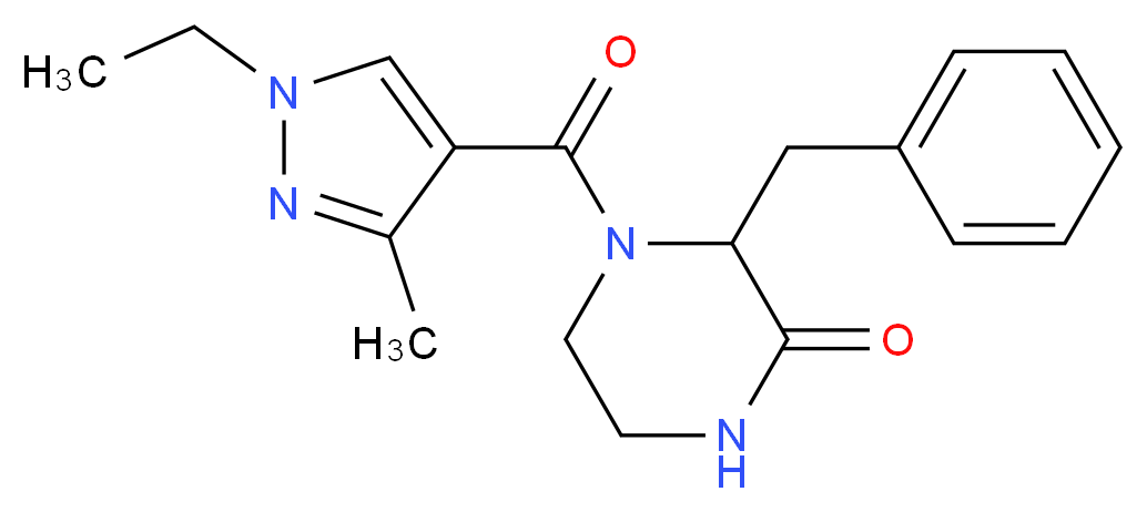 3-benzyl-4-[(1-ethyl-3-methyl-1H-pyrazol-4-yl)carbonyl]piperazin-2-one_分子结构_CAS_)