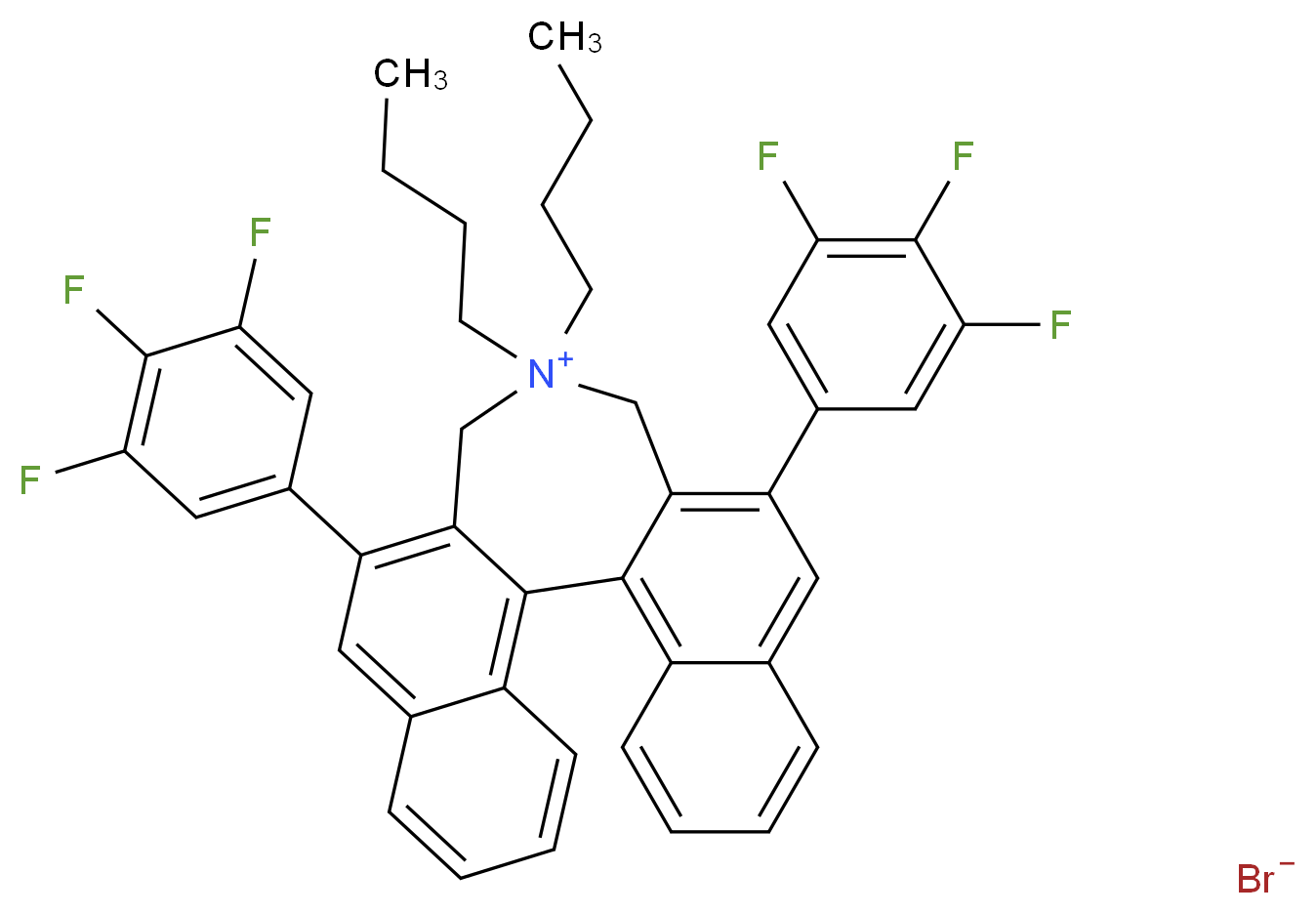 13,13-dibutyl-10,16-bis(3,4,5-trifluorophenyl)-13-azapentacyclo[13.8.0.0<sup>2</sup>,<sup>1</sup><sup>1</sup>.0<sup>3</sup>,<sup>8</sup>.0<sup>1</sup><sup>8</sup>,<sup>2</sup><sup>3</sup>]tricosa-1(15),2,4,6,8,10,16,18,20,22-decaen-13-ium bromide_分子结构_CAS_851942-89-7