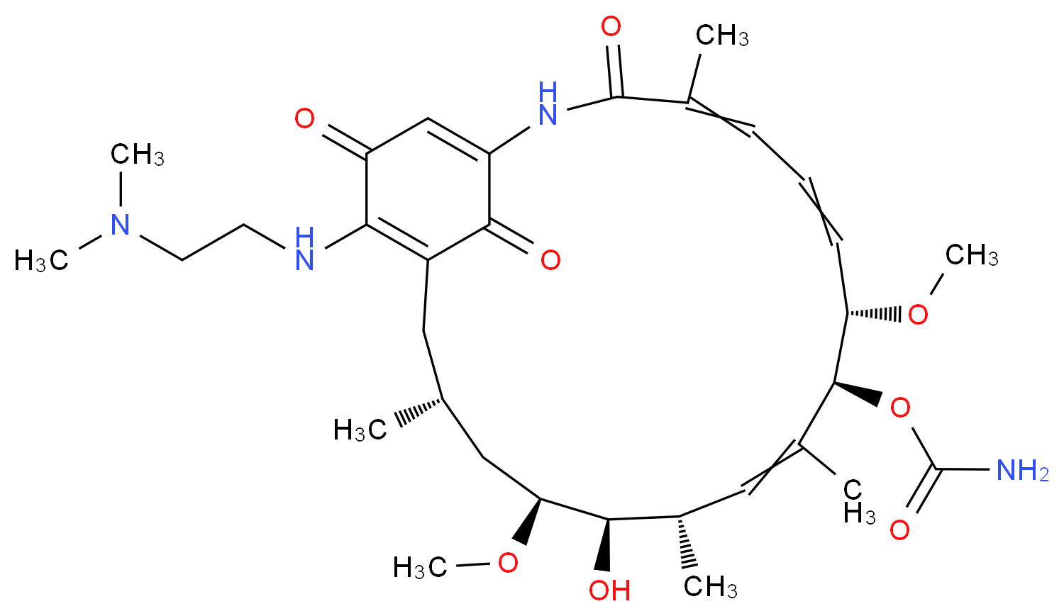 (8S,9S,12S,13R,14S,16R)-19-{[2-(dimethylamino)ethyl]amino}-13-hydroxy-8,14-dimethoxy-4,10,12,16-tetramethyl-3,20,22-trioxo-2-azabicyclo[16.3.1]docosa-1(21),4,6,10,18-pentaen-9-yl carbamate_分子结构_CAS_467214-20-6