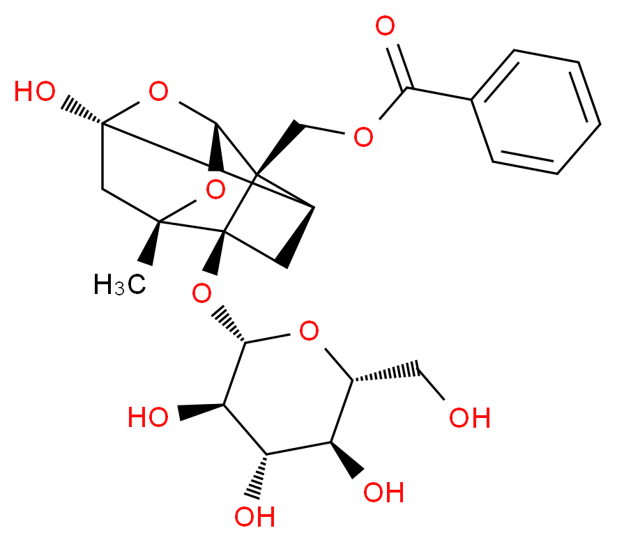 [(1R,2S,3R,5R,6R,8S)-6-hydroxy-8-methyl-3-{[(2S,3R,4S,5S,6R)-3,4,5-trihydroxy-6-(hydroxymethyl)oxan-2-yl]oxy}-9,10-dioxatetracyclo[4.3.1.0<sup>2</sup>,<sup>5</sup>.0<sup>3</sup>,<sup>8</sup>]decan-2-yl]methyl benzoate_分子结构_CAS_23180-57-6