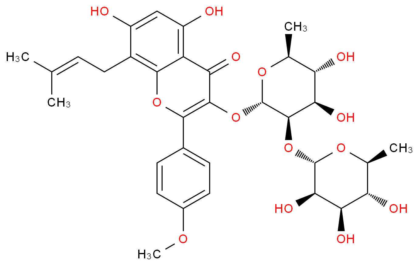 3-{[(2S,3R,4R,5R,6S)-4,5-dihydroxy-6-methyl-3-{[(2S,3R,4R,5R,6S)-3,4,5-trihydroxy-6-methyloxan-2-yl]oxy}oxan-2-yl]oxy}-5,7-dihydroxy-2-(4-methoxyphenyl)-8-(3-methylbut-2-en-1-yl)-4H-chromen-4-one_分子结构_CAS_135293-13-9