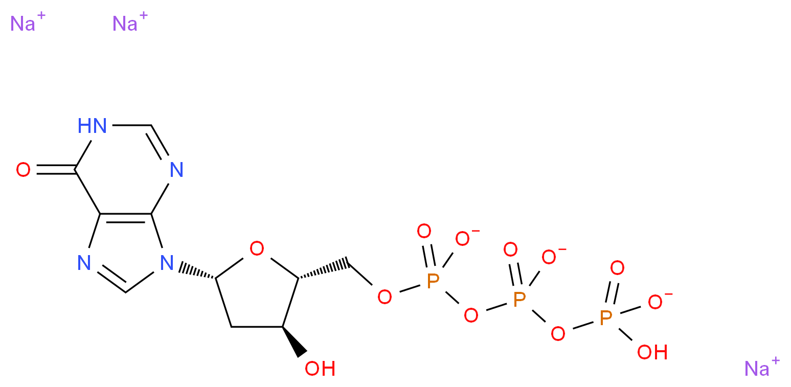 trisodium (hydrogen phosphonatooxy)({[(2R,3S,5R)-3-hydroxy-5-(6-oxo-6,9-dihydro-1H-purin-9-yl)oxolan-2-yl]methyl phosphonato}oxy)phosphinate_分子结构_CAS_95648-77-4