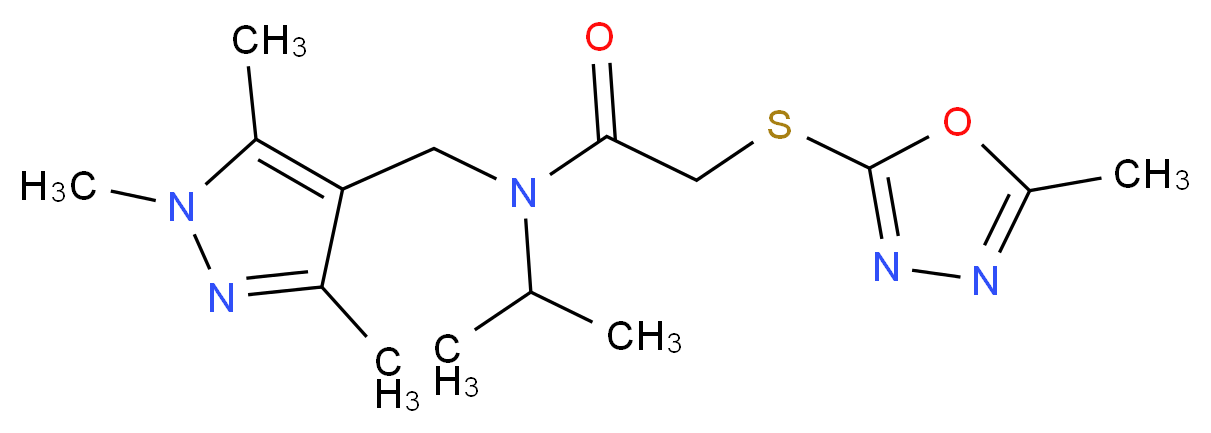 N-isopropyl-2-[(5-methyl-1,3,4-oxadiazol-2-yl)thio]-N-[(1,3,5-trimethyl-1H-pyrazol-4-yl)methyl]acetamide_分子结构_CAS_)