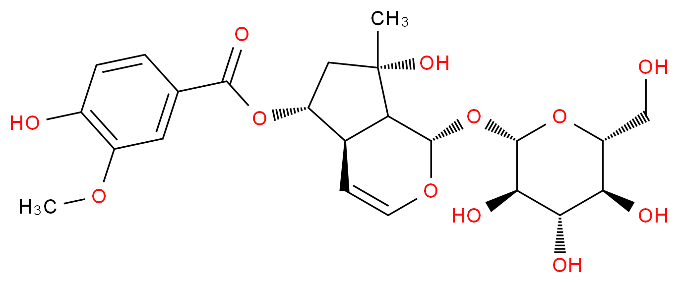 (1S,4aR,5R,7S,7aS)-7-hydroxy-7-methyl-1-{[(2S,3R,4S,5S,6R)-3,4,5-trihydroxy-6-(hydroxymethyl)oxan-2-yl]oxy}-1H,4aH,5H,6H,7H,7aH-cyclopenta[c]pyran-5-yl 4-hydroxy-3-methoxybenzoate_分子结构_CAS_124168-04-3