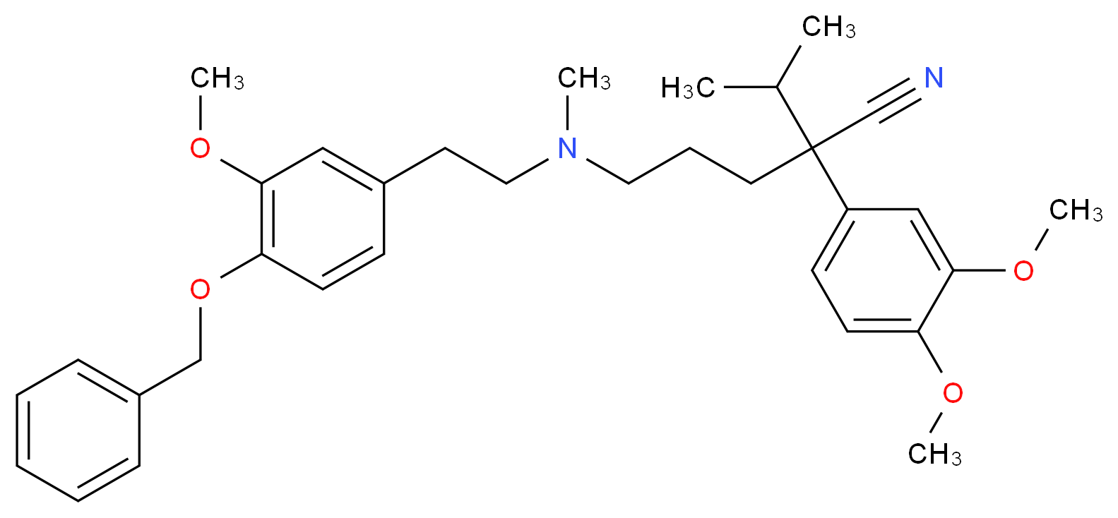 5-({2-[4-(benzyloxy)-3-methoxyphenyl]ethyl}(methyl)amino)-2-(3,4-dimethoxyphenyl)-2-(propan-2-yl)pentanenitrile_分子结构_CAS_114829-62-8