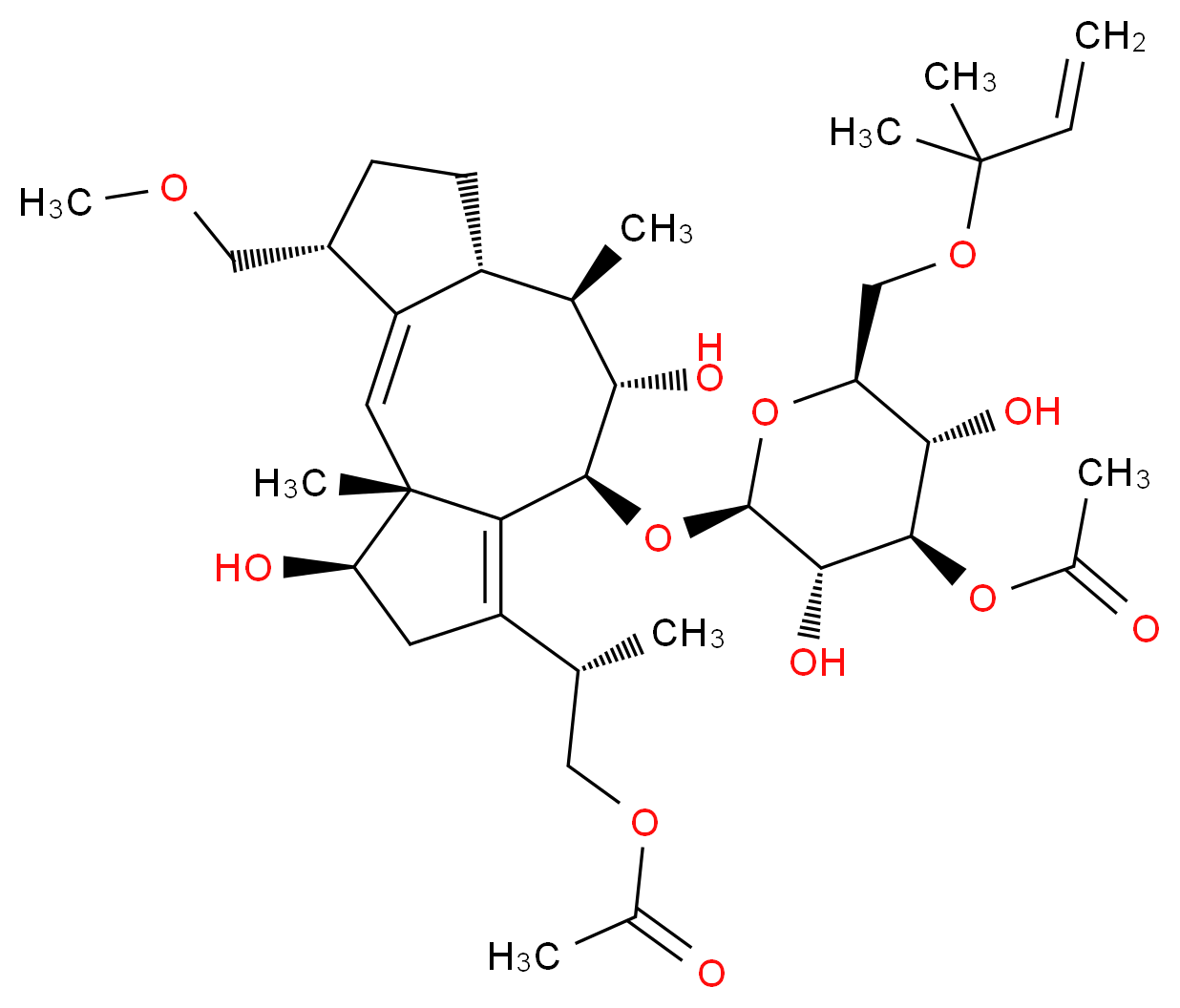 (2S)-2-[(1E,3R,4R,8S,9S,10R,11R,14R)-8-{[(2S,3S,4R,5S,6S)-4-(acetyloxy)-3,5-dihydroxy-6-{[(2-methylbut-3-en-2-yl)oxy]methyl}oxan-2-yl]oxy}-4,9-dihydroxy-14-(methoxymethyl)-3,10-dimethyltricyclo[9.3.0.0^{3,7}]tetradeca-1,6-dien-6-yl]propyl acetate_分子结构_CAS_20108-30-9