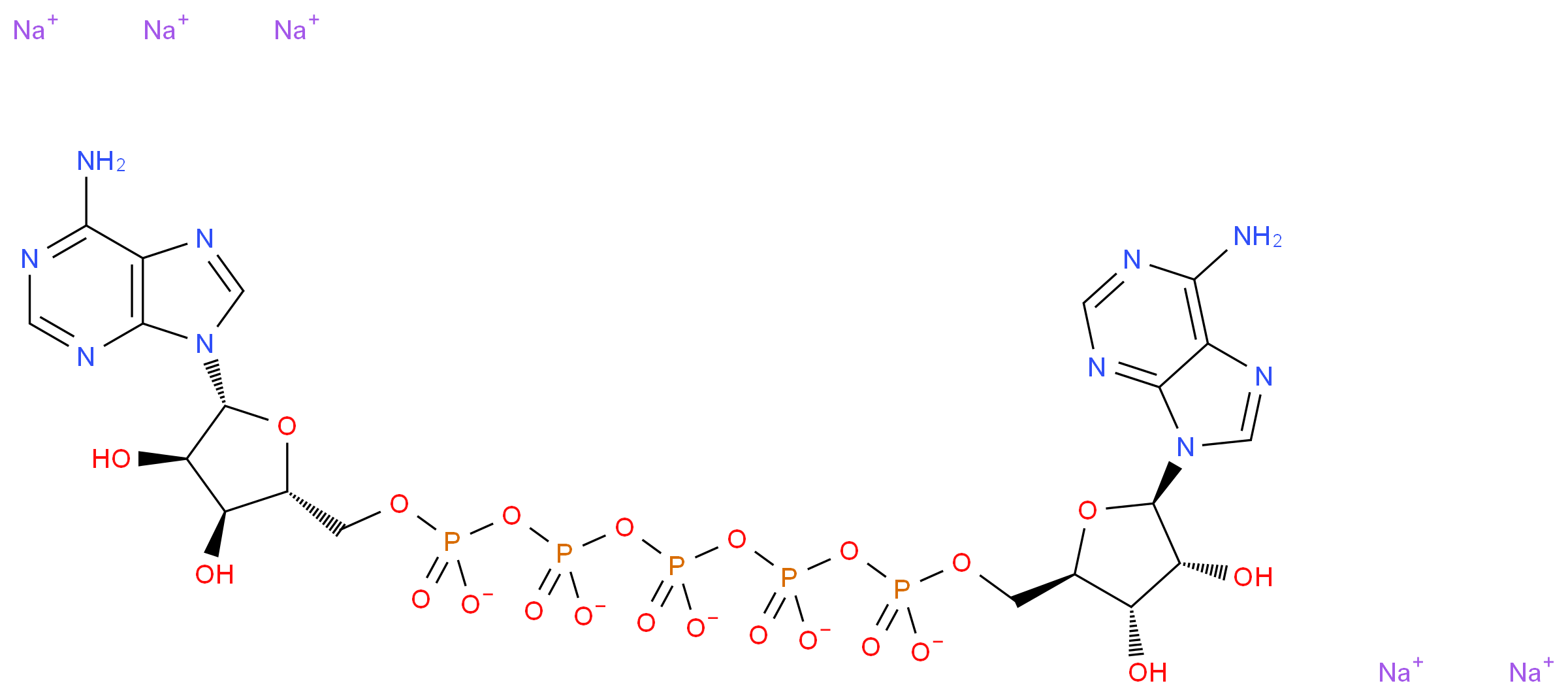 pentasodium ({[(2R,3S,4R,5R)-5-(6-amino-9H-purin-9-yl)-3,4-dihydroxyoxolan-2-yl]methyl phosphonato}oxy)[({[({[(2R,3S,4R,5R)-5-(6-amino-9H-purin-9-yl)-3,4-dihydroxyoxolan-2-yl]methyl phosphonato}oxy)phosphinato]oxy}phosphinato)oxy]phosphinate_分子结构_CAS_4097-04-5