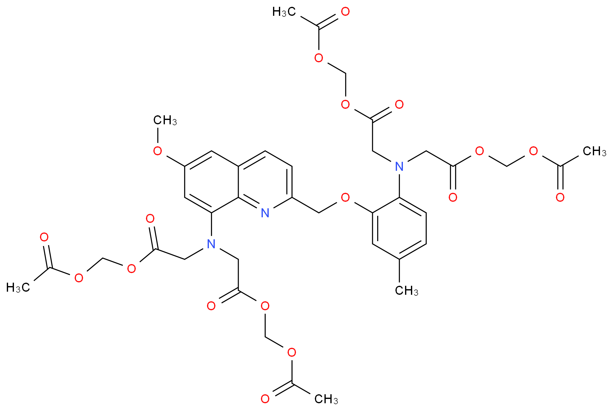 (acetyloxy)methyl 2-({2-[(acetyloxy)methoxy]-2-oxoethyl}[2-({8-[bis({2-[(acetyloxy)methoxy]-2-oxoethyl})amino]-6-methoxyquinolin-2-yl}methoxy)-4-methylphenyl]amino)acetate_分子结构_CAS_83104-85-2