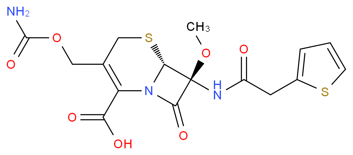 (6R,7S)-3-[(carbamoyloxy)methyl]-7-methoxy-8-oxo-7-[2-(thiophen-2-yl)acetamido]-5-thia-1-azabicyclo[4.2.0]oct-2-ene-2-carboxylic acid_分子结构_CAS_35607-66-0