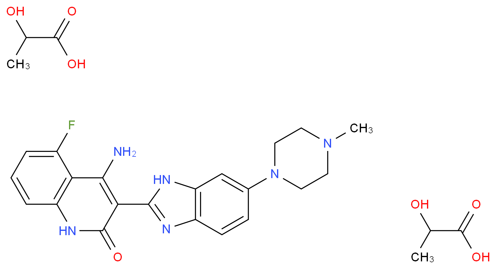 bis(2-hydroxypropanoic acid); 4-amino-5-fluoro-3-[6-(4-methylpiperazin-1-yl)-1H-1,3-benzodiazol-2-yl]-1,2-dihydroquinolin-2-one_分子结构_CAS_852433-84-2
