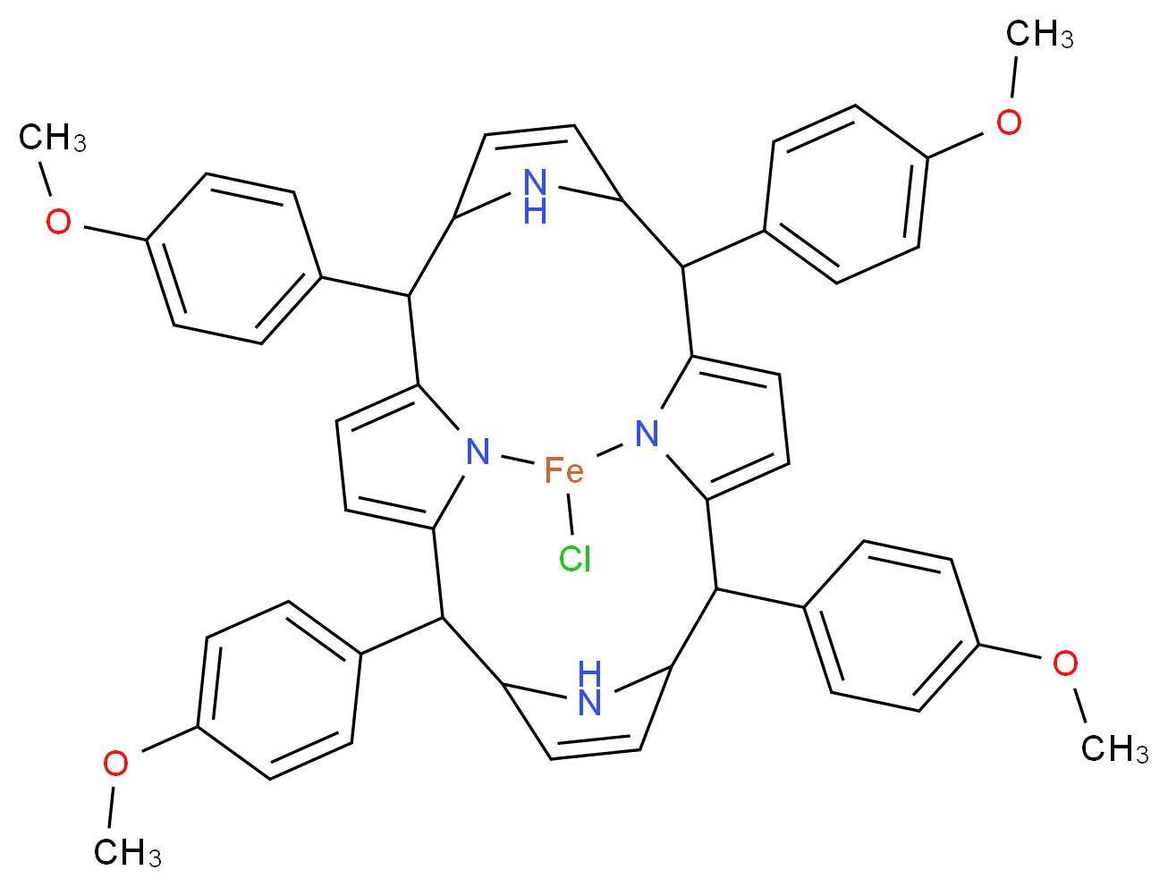 22-chloro-2,7,12,17-tetrakis(4-methoxyphenyl)-21,23,24,25-tetraaza-22-ferrahexacyclo[9.9.3.1<sup>3</sup>,<sup>6</sup>.1<sup>1</sup><sup>3</sup>,<sup>1</sup><sup>6</sup>.0<sup>8</sup>,<sup>2</sup><sup>3</sup>.0<sup>1</sup><sup>8</sup>,<sup>2</sup><sup>1</sup>]pentacosa-1(20),4,8,10,14,18-hexaene_分子结构_CAS_36995-20-7