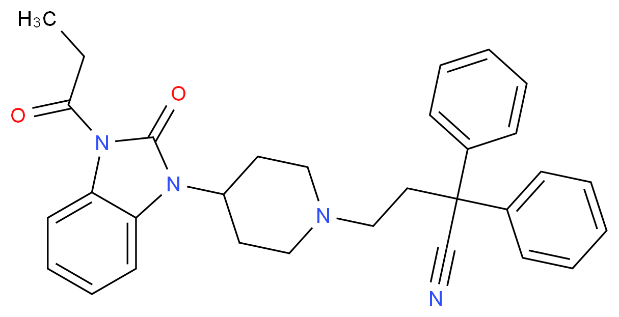 4-[4-(2-oxo-3-propanoyl-2,3-dihydro-1H-1,3-benzodiazol-1-yl)piperidin-1-yl]-2,2-diphenylbutanenitrile_分子结构_CAS_15301-48-1