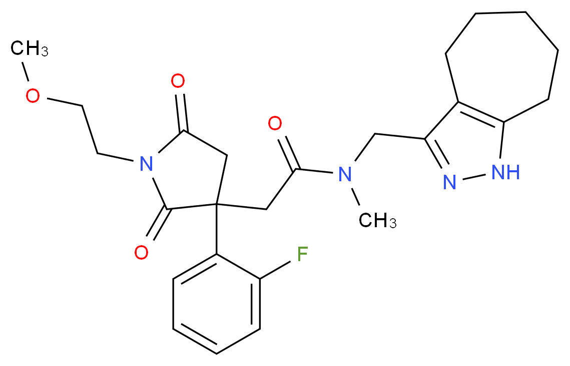 2-[3-(2-fluorophenyl)-1-(2-methoxyethyl)-2,5-dioxo-3-pyrrolidinyl]-N-(1,4,5,6,7,8-hexahydrocyclohepta[c]pyrazol-3-ylmethyl)-N-methylacetamide_分子结构_CAS_)