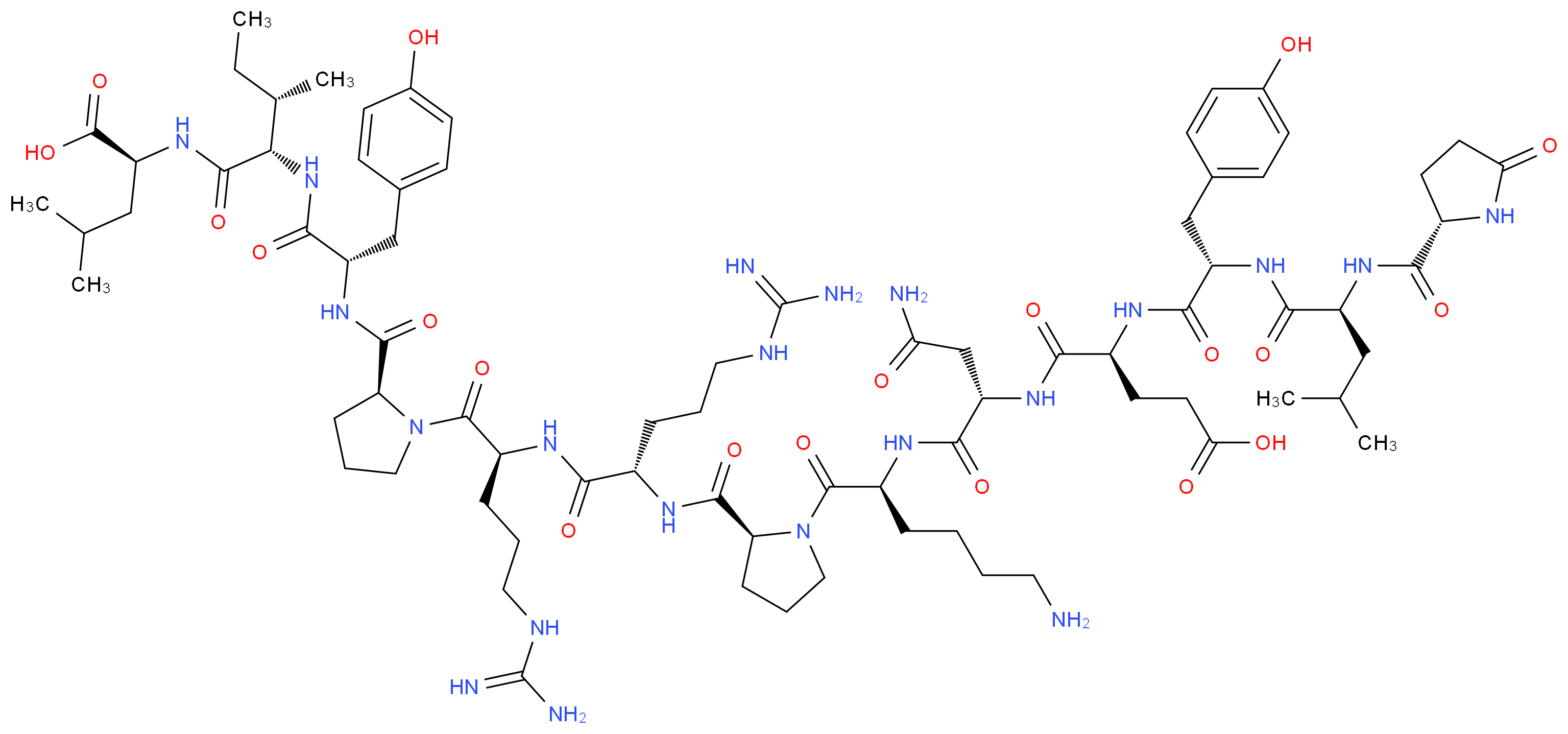 (2S)-2-[(2S,3S)-2-[(2S)-2-{[(2S)-1-[(2S)-2-[(2S)-2-{[(2S)-1-[(2S)-6-amino-2-[(2S)-3-carbamoyl-2-[(2S)-4-carboxy-2-[(2S)-3-(4-hydroxyphenyl)-2-[(2S)-4-methyl-2-{[(2S)-5-oxopyrrolidin-2-yl]formamido}pentanamido]propanamido]butanamido]propanamido]hexanoyl]pyrrolidin-2-yl]formamido}-5-carbamimidamidopentanamido]-5-carbamimidamidopentanoyl]pyrrolidin-2-yl]formamido}-3-(4-hydroxyphenyl)propanamido]-3-methylpentanamido]-4-methylpentanoic acid_分子结构_CAS_58889-67-1