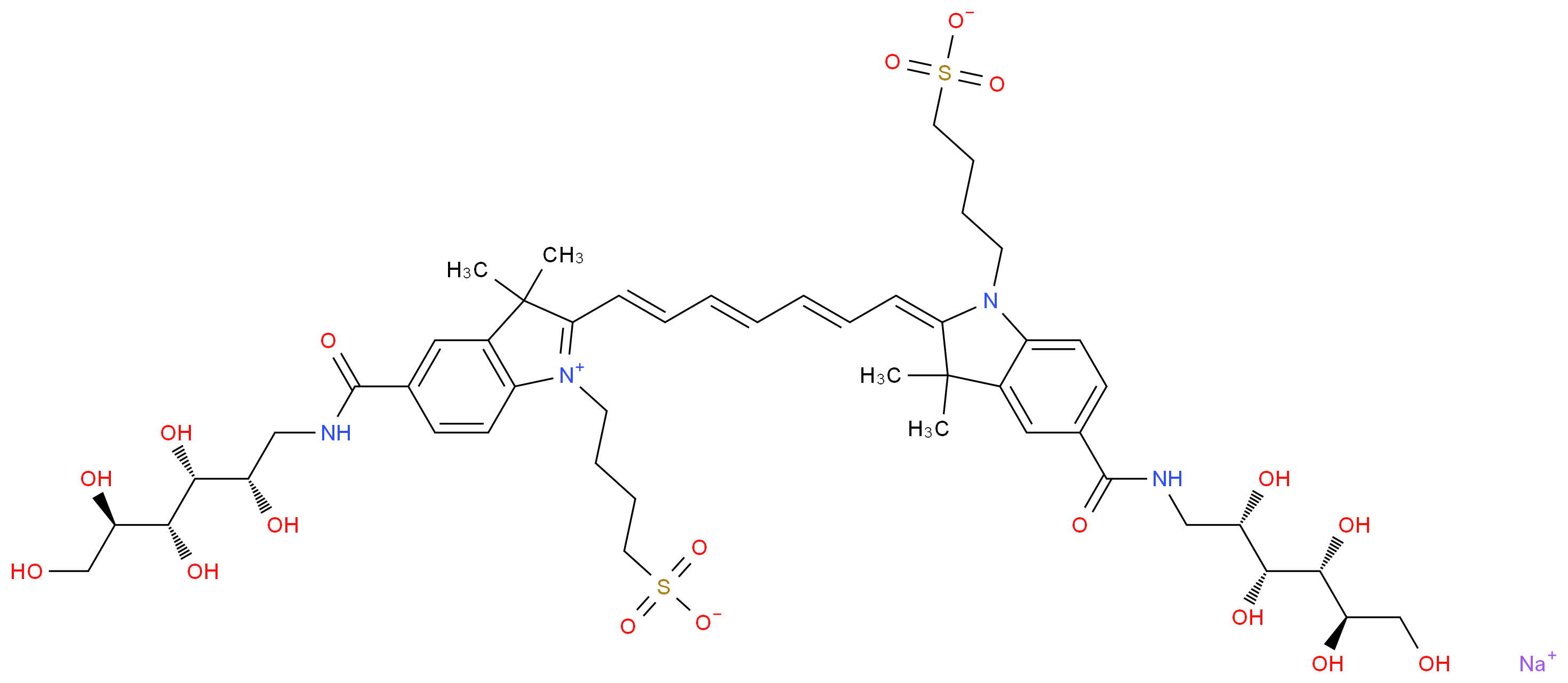 sodium 2-[(1E,3E,5E)-7-[(2E)-3,3-dimethyl-5-{[(2S,3R,4R,5R)-2,3,4,5,6-pentahydroxyhexyl]carbamoyl}-1-(4-sulfonatobutyl)-2,3-dihydro-1H-indol-2-ylidene]hepta-1,3,5-trien-1-yl]-3,3-dimethyl-5-{[(2S,3R,4R,5R)-2,3,4,5,6-pentahydroxyhexyl]carbamoyl}-1-(4-sulfonatobutyl)-3H-indol-1-ium_分子结构_CAS_308127-47-1