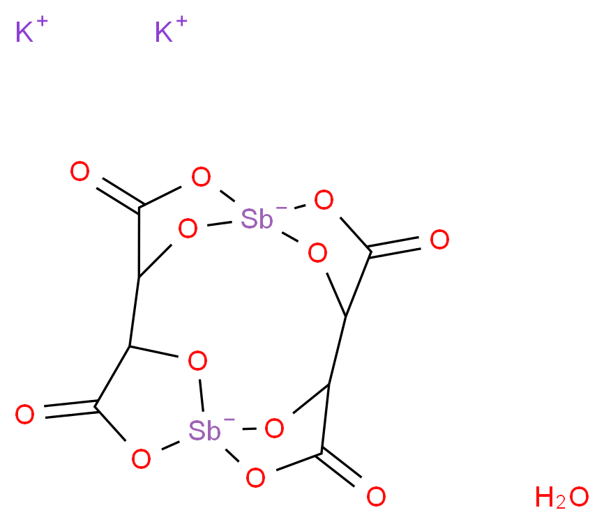 dipotassium 3,6,10,13-tetraoxo-2,7,9,14,15,16,17,18-octaoxa-1,8-distibapentacyclo[10.2.1.1<sup>1</sup>,<sup>4</sup>.1<sup>5</sup>,<sup>8</sup>.1<sup>8</sup>,<sup>1</sup><sup>1</sup>]octadecane-1,8-diuide hydrate_分子结构_CAS_331753-56-1