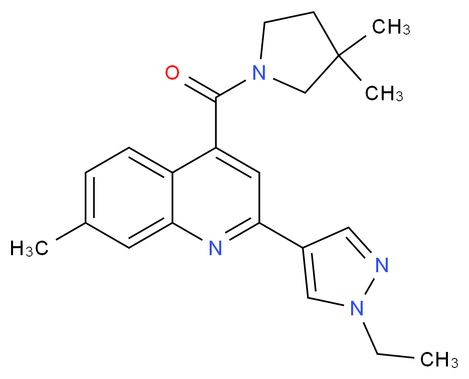 4-[(3,3-dimethyl-1-pyrrolidinyl)carbonyl]-2-(1-ethyl-1H-pyrazol-4-yl)-7-methylquinoline_分子结构_CAS_)