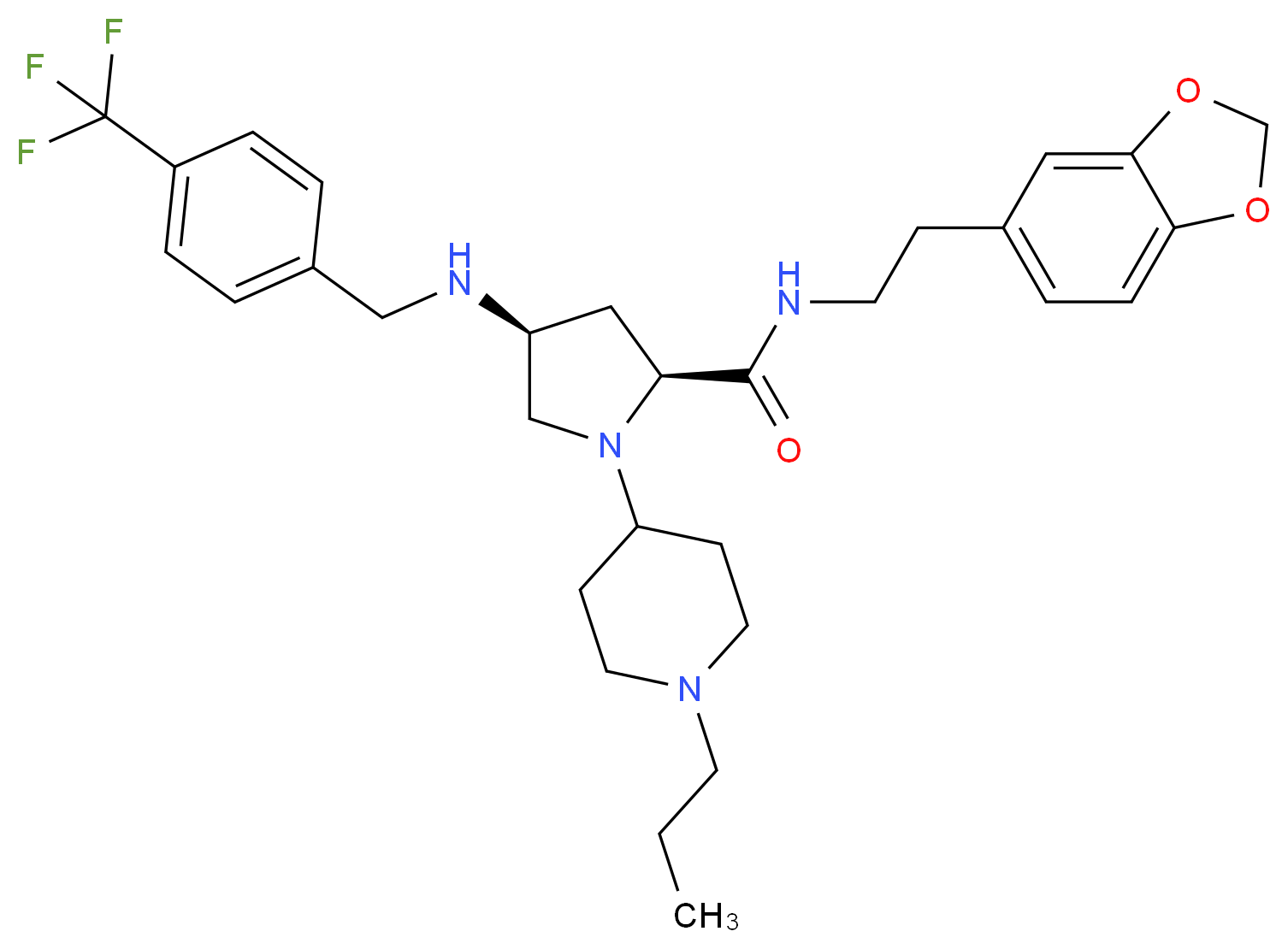 (4S)-N-[2-(1,3-benzodioxol-5-yl)ethyl]-1-(1-propyl-4-piperidinyl)-4-{[4-(trifluoromethyl)benzyl]amino}-L-prolinamide_分子结构_CAS_)