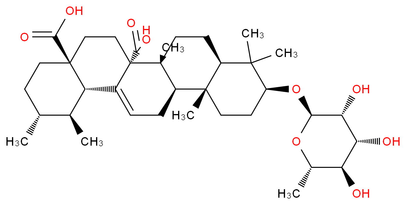 (1S,2R,4aS,6aR,6bR,8aR,10S,12aR,12bR,14bS)-1,2,6b,9,9,12a-hexamethyl-10-{[(2R,3R,4R,5R,6S)-3,4,5-trihydroxy-6-methyloxan-2-yl]oxy}-1,2,3,4,4a,5,6,6a,6b,7,8,8a,9,10,11,12,12a,12b,13,14b-icosahydropicene-4a,6a-dicarboxylic acid_分子结构_CAS_104055-76-7