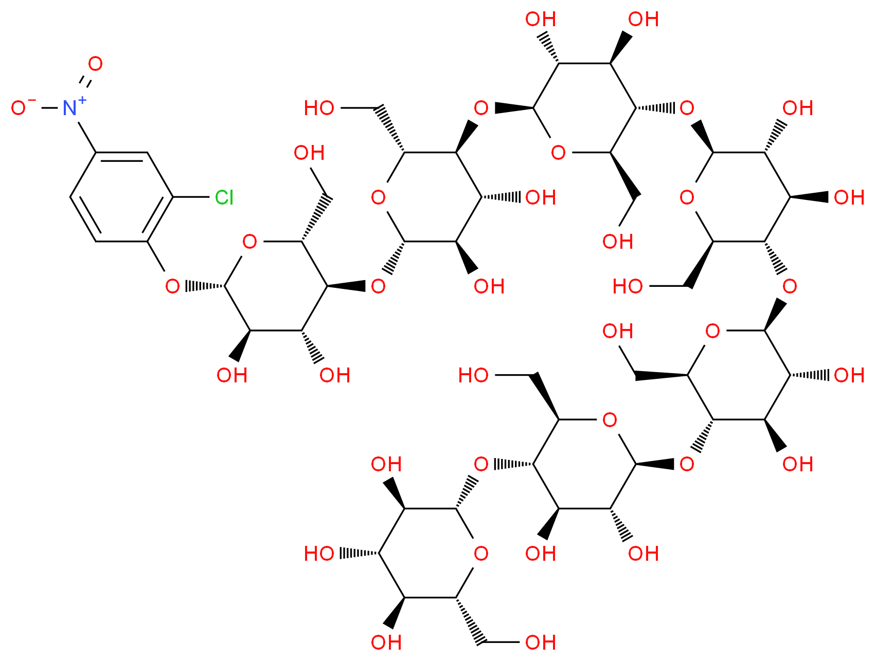 (2S,3R,4S,5S,6R)-2-{[(2R,3S,4R,5R,6S)-6-{[(2R,3S,4R,5R,6S)-6-{[(2R,3S,4R,5R,6S)-6-{[(2R,3S,4R,5R,6S)-6-{[(2R,3S,4R,5R,6S)-6-{[(2R,3S,4R,5R,6S)-6-(2-chloro-4-nitrophenoxy)-4,5-dihydroxy-2-(hydroxymethyl)oxan-3-yl]oxy}-4,5-dihydroxy-2-(hydroxymethyl)oxan-3-yl]oxy}-4,5-dihydroxy-2-(hydroxymethyl)oxan-3-yl]oxy}-4,5-dihydroxy-2-(hydroxymethyl)oxan-3-yl]oxy}-4,5-dihydroxy-2-(hydroxymethyl)oxan-3-yl]oxy}-4,5-dihydroxy-2-(hydroxymethyl)oxan-3-yl]oxy}-6-(hydroxymethyl)oxane-3,4,5-triol_分子结构_CAS_90826-64-5