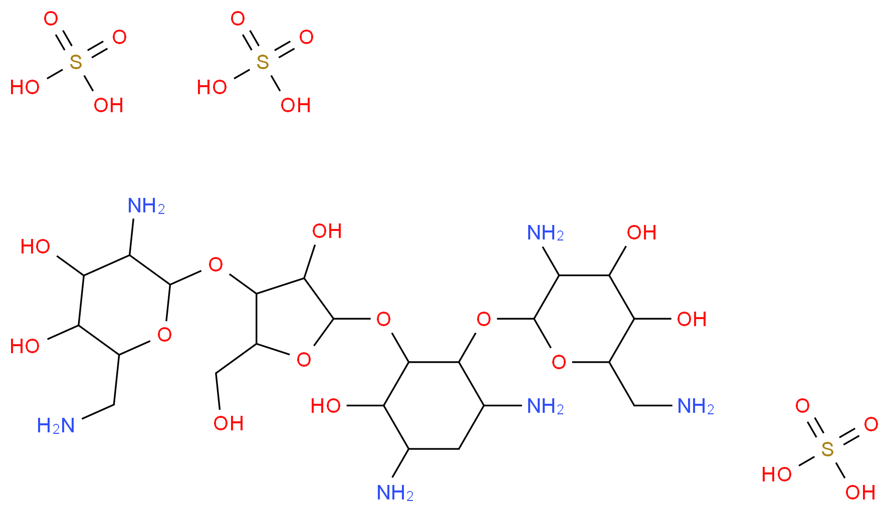 5-amino-2-(aminomethyl)-6-({4,6-diamino-2-[(4-{[3-amino-6-(aminomethyl)-4,5-dihydroxyoxan-2-yl]oxy}-3-hydroxy-5-(hydroxymethyl)oxolan-2-yl)oxy]-3-hydroxycyclohexyl}oxy)oxane-3,4-diol; tris(sulfuric acid)_分子结构_CAS_1405-10-3